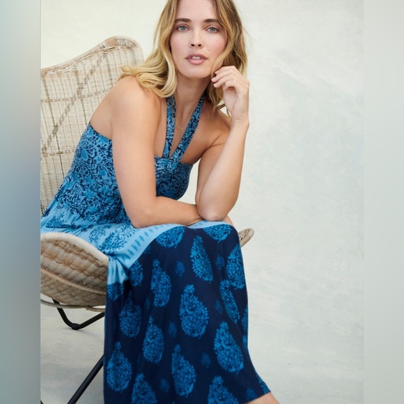 Soma Soft jersey halter maxi bra Dress bella stamp border blue Pocket Paisley XL - Picture 3 of 12